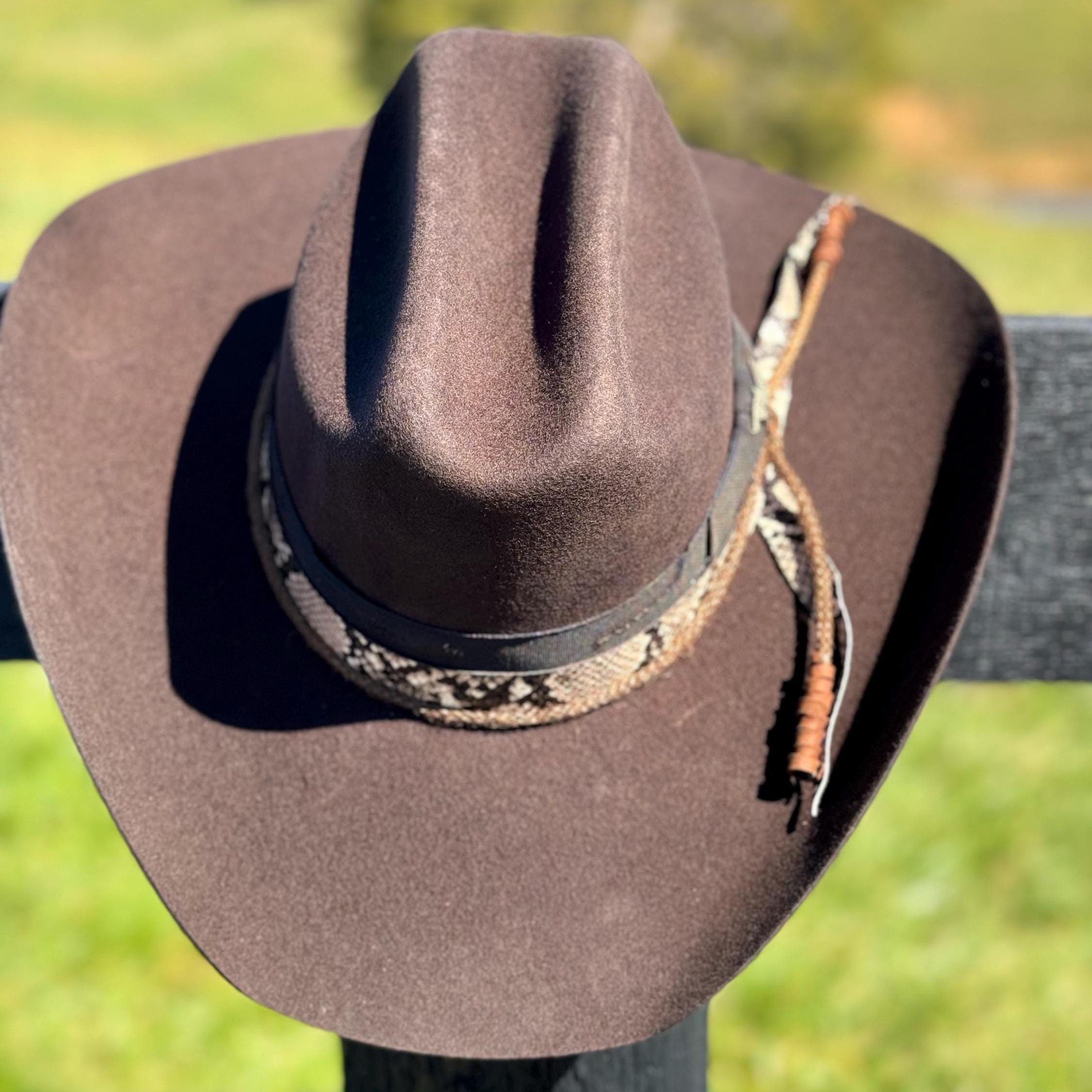 Western Cattleman style Premium Wool Hat in Chocolate Leather cording with Snakeskin Hat Band Decorated Cowboy Hat Cowgirl Hat