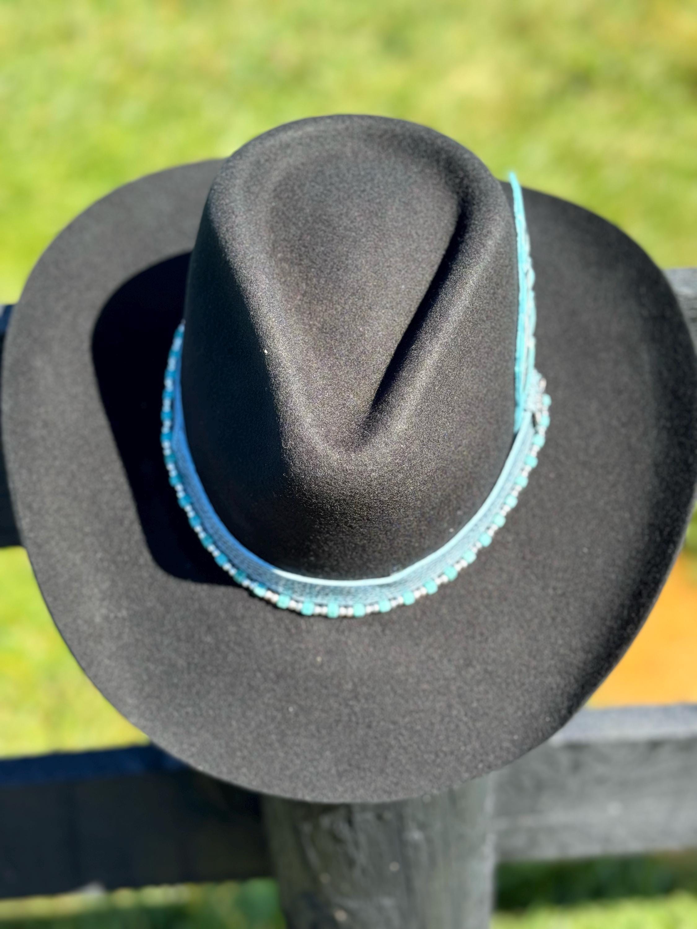 Western Fedora style Premium Wool Hat in Black with Turquoise & Silver Bead and Leather Hat Band Painted Leather Feather Cowgirl Hat