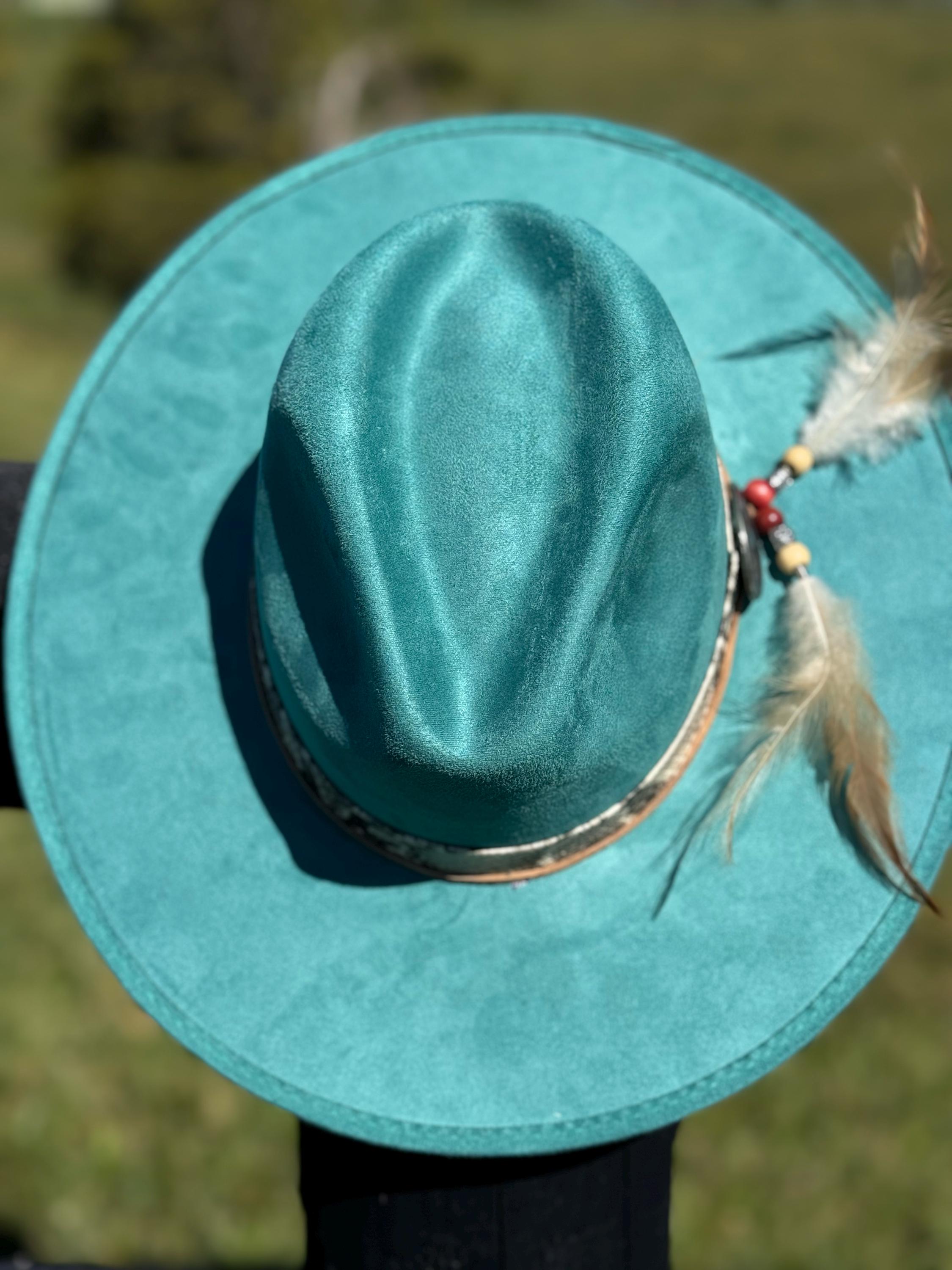Western Fedora Flat Brim Faux Felt Hat in Turquoise with Snakskin & Leather Hat Band Beaded Feathers and Concho Cowgirl Hat