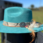 Western Fedora Flat Brim Faux Felt Hat in Turquoise with Snakskin & Leather Hat Band Beaded Feathers and Concho Cowgirl Hat
