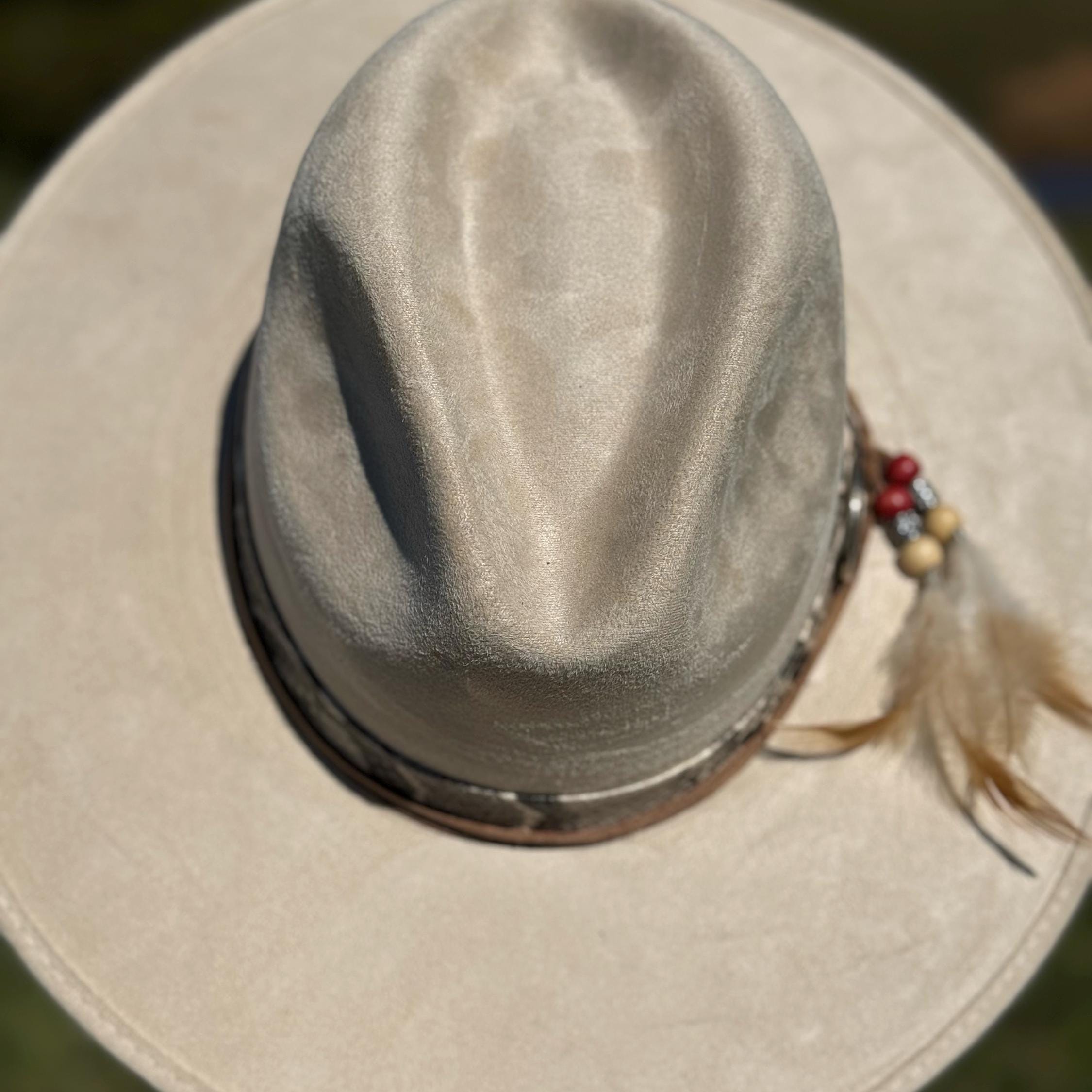 Western Fedora Flat Brim Faux Felt Hat in Buckskin with Snake skin & Leather Hat Band Beaded Feathers and Concho Cowgirl Hat