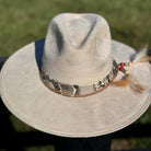 Western Fedora Flat Brim Faux Felt Hat in Buckskin with Snake skin & Leather Hat Band Beaded Feathers and Concho Cowgirl Hat