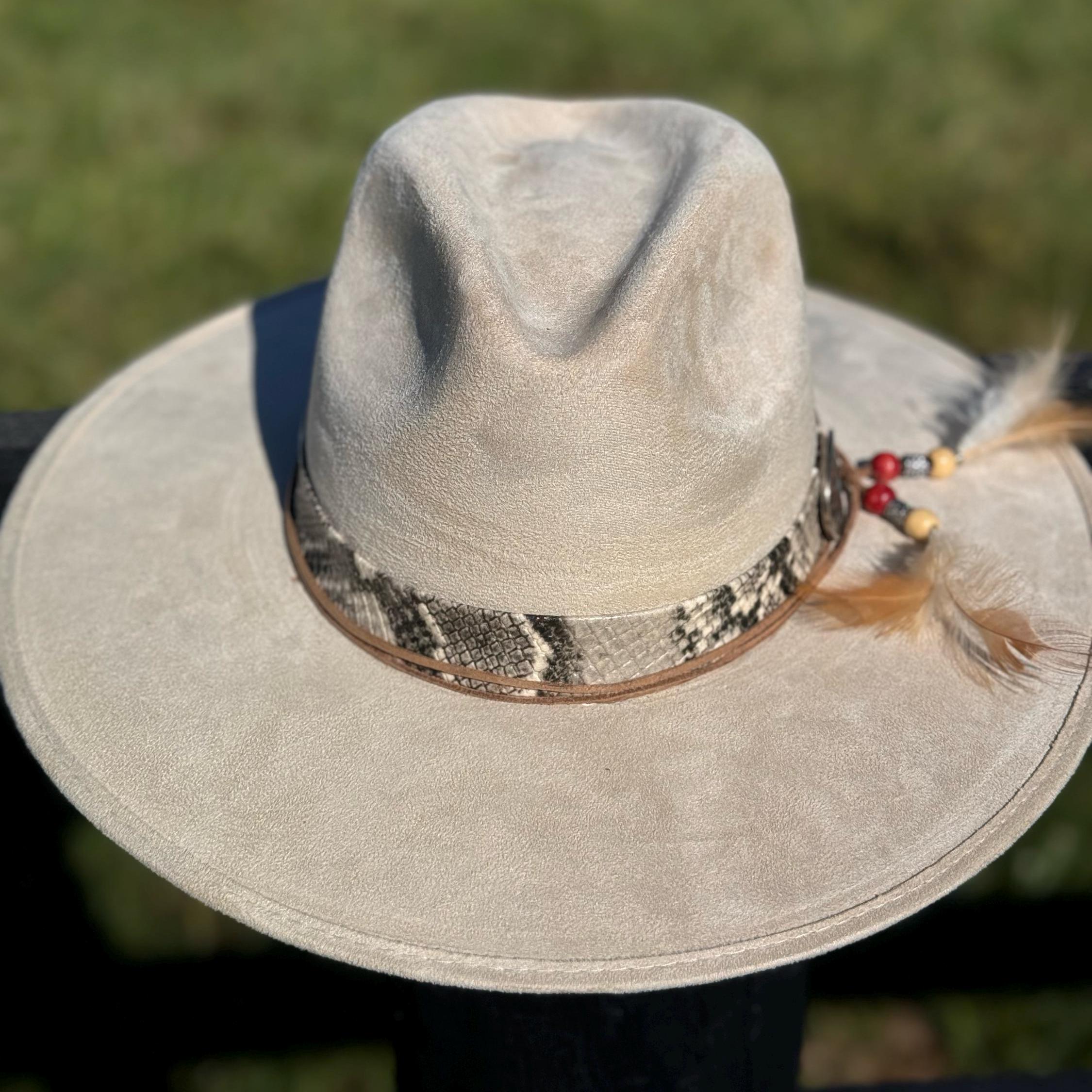 Western Fedora Flat Brim Faux Felt Hat in Buckskin with Snake skin & Leather Hat Band Beaded Feathers and Concho Cowgirl Hat