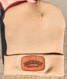 Bourbon Weather Tan Beige Toboggan Beanie Leather Patch Hat Bourbon Lover Kentucky Bourbon