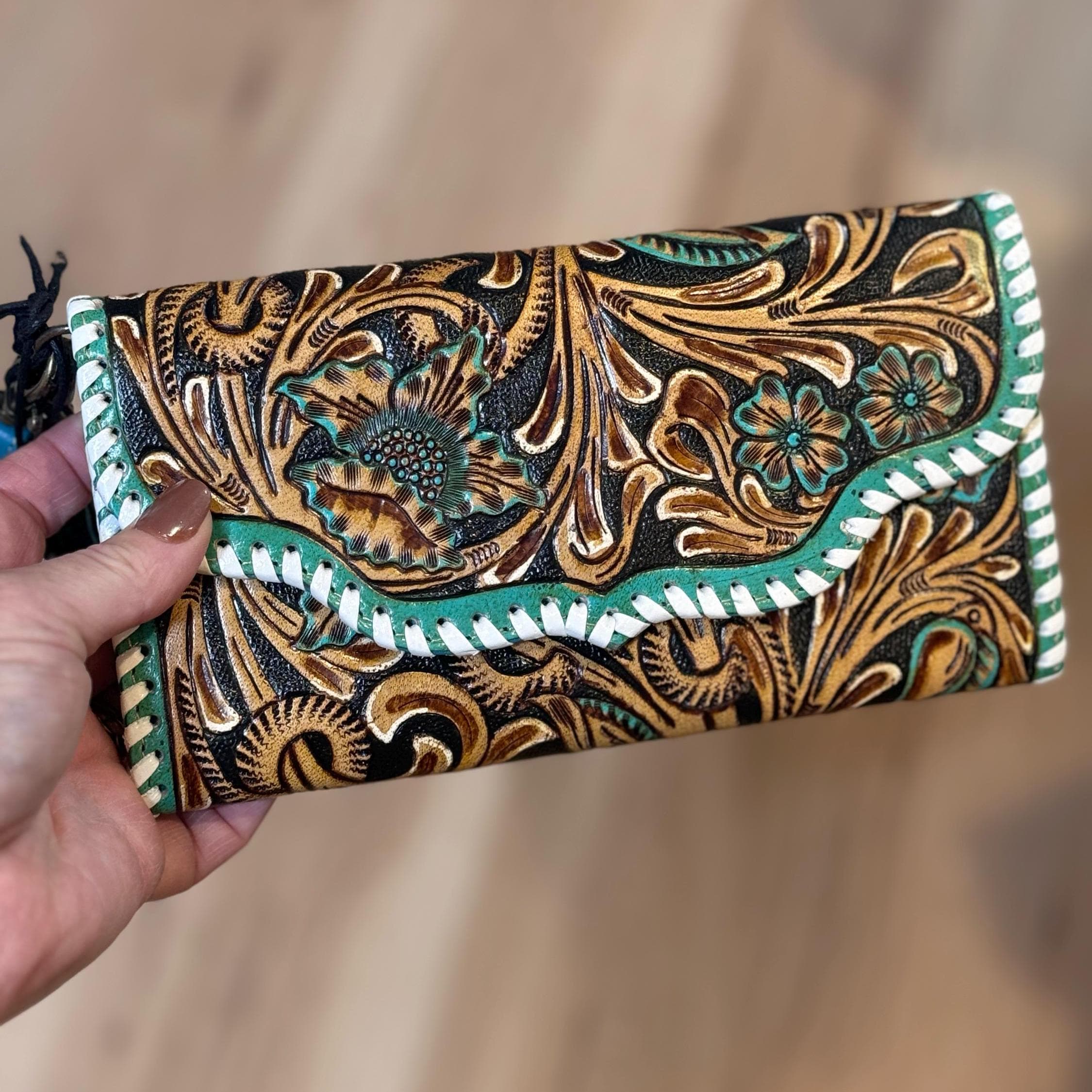 Turquoise and Tooled Leather Western Style Wallet with Wristlet Cowhide Wallet Gifts for Her Christmas Gift