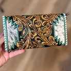 Turquoise and Tooled Leather Western Style Wallet with Wristlet Cowhide Wallet Gifts for Her Christmas Gift