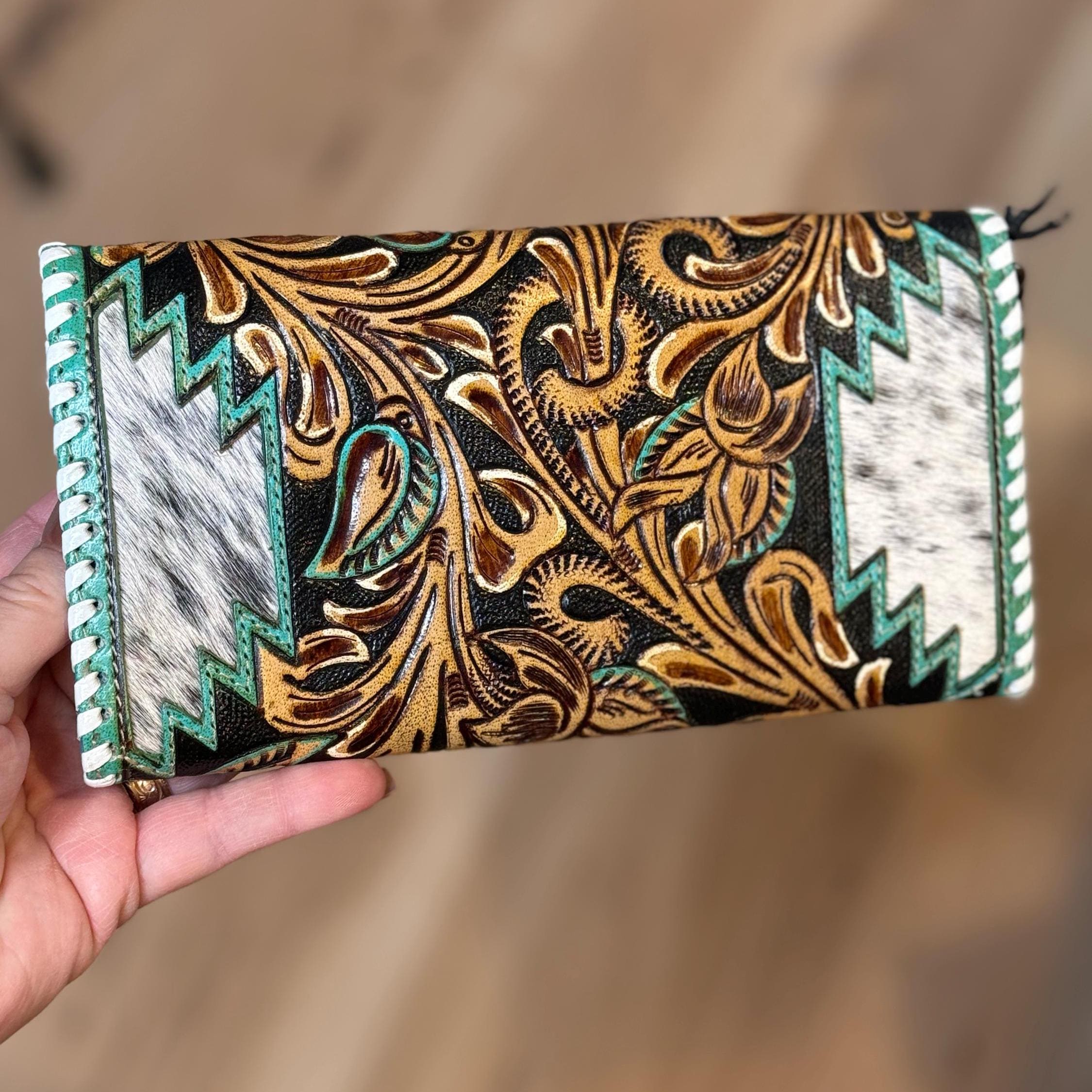 Turquoise and Tooled Leather Western Style Wallet with Wristlet Cowhide Wallet Gifts for Her Christmas Gift
