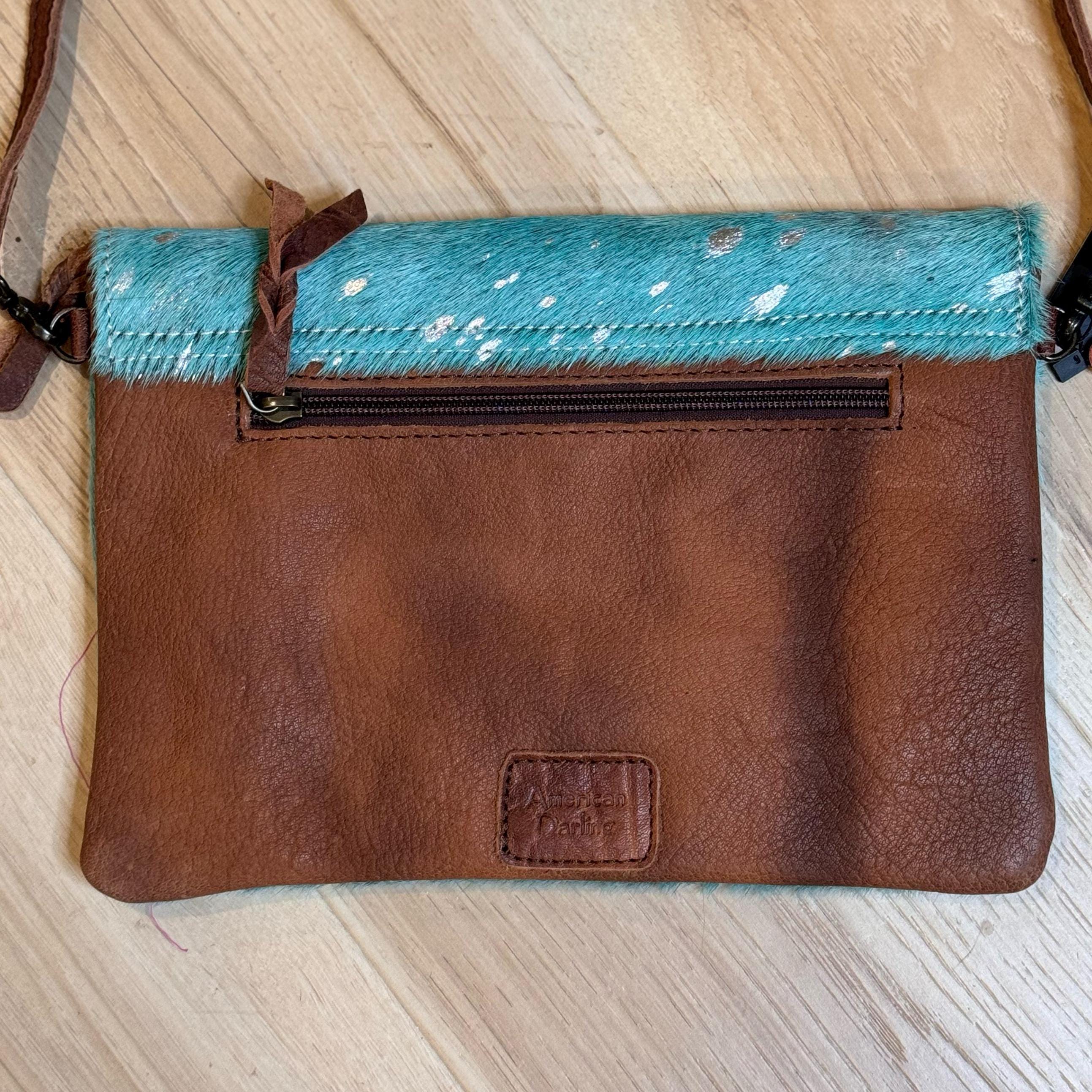 Custom Branded Turquoise and Silver Cowhide Western Crossbody Purse We can Add your Initials Monogram Farm or Cow Brand