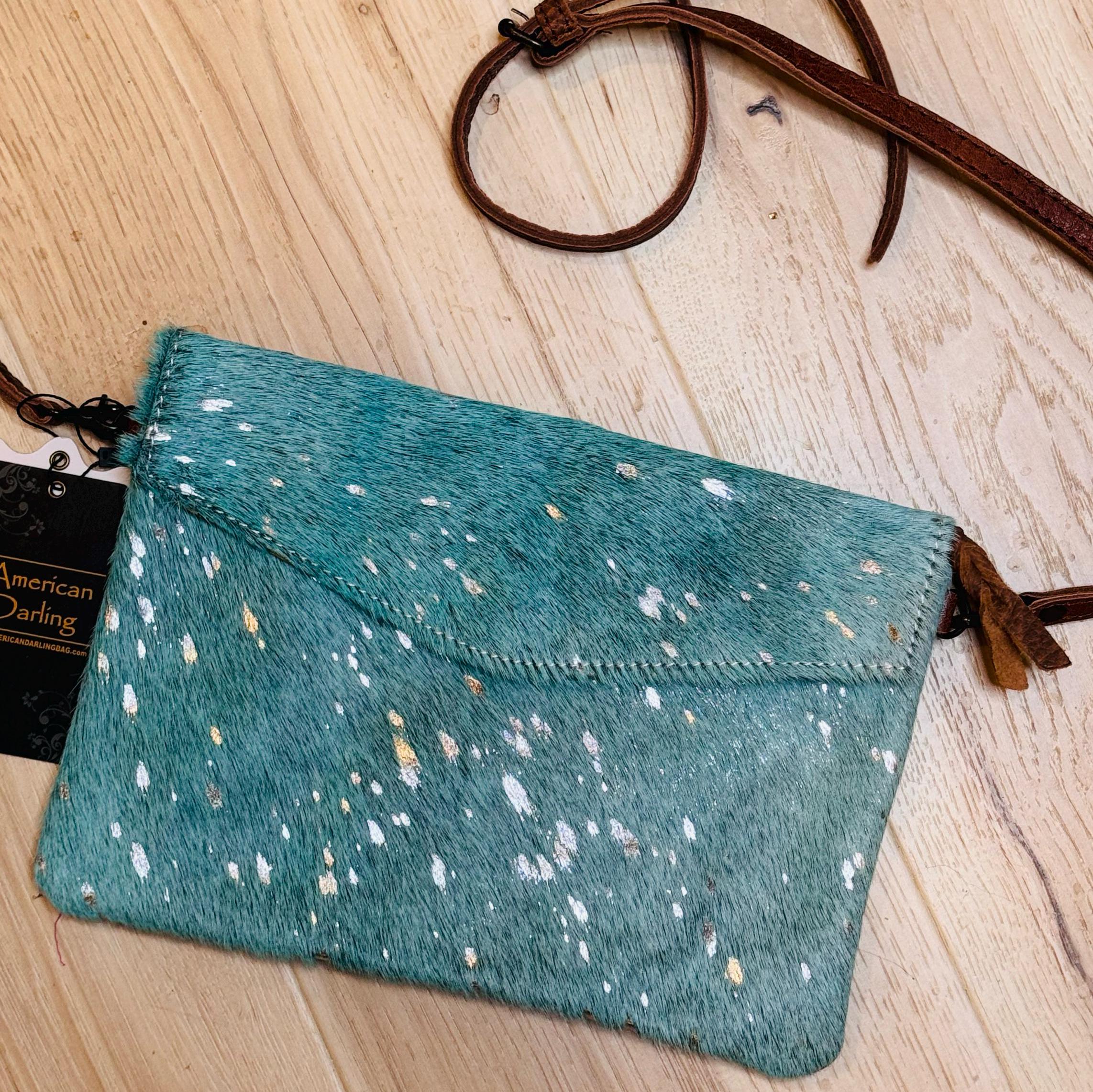 Custom Branded Turquoise and Silver Cowhide Western Crossbody Purse We can Add your Initials Monogram Farm or Cow Brand