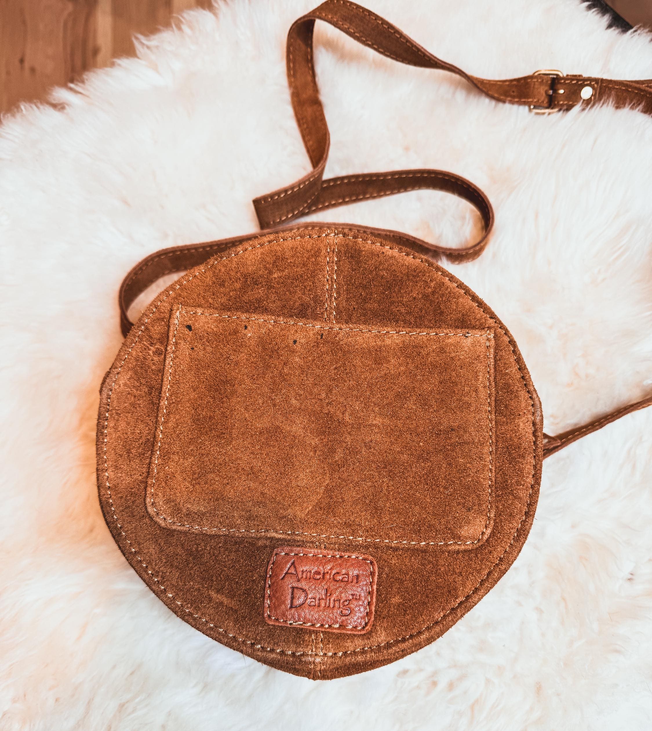 Brown Suede Boot Stitch Round Canteen Purse, Crossbody Purse, Shoulder Bag, Western Style, Personalized with Name Initials or Farm Brand