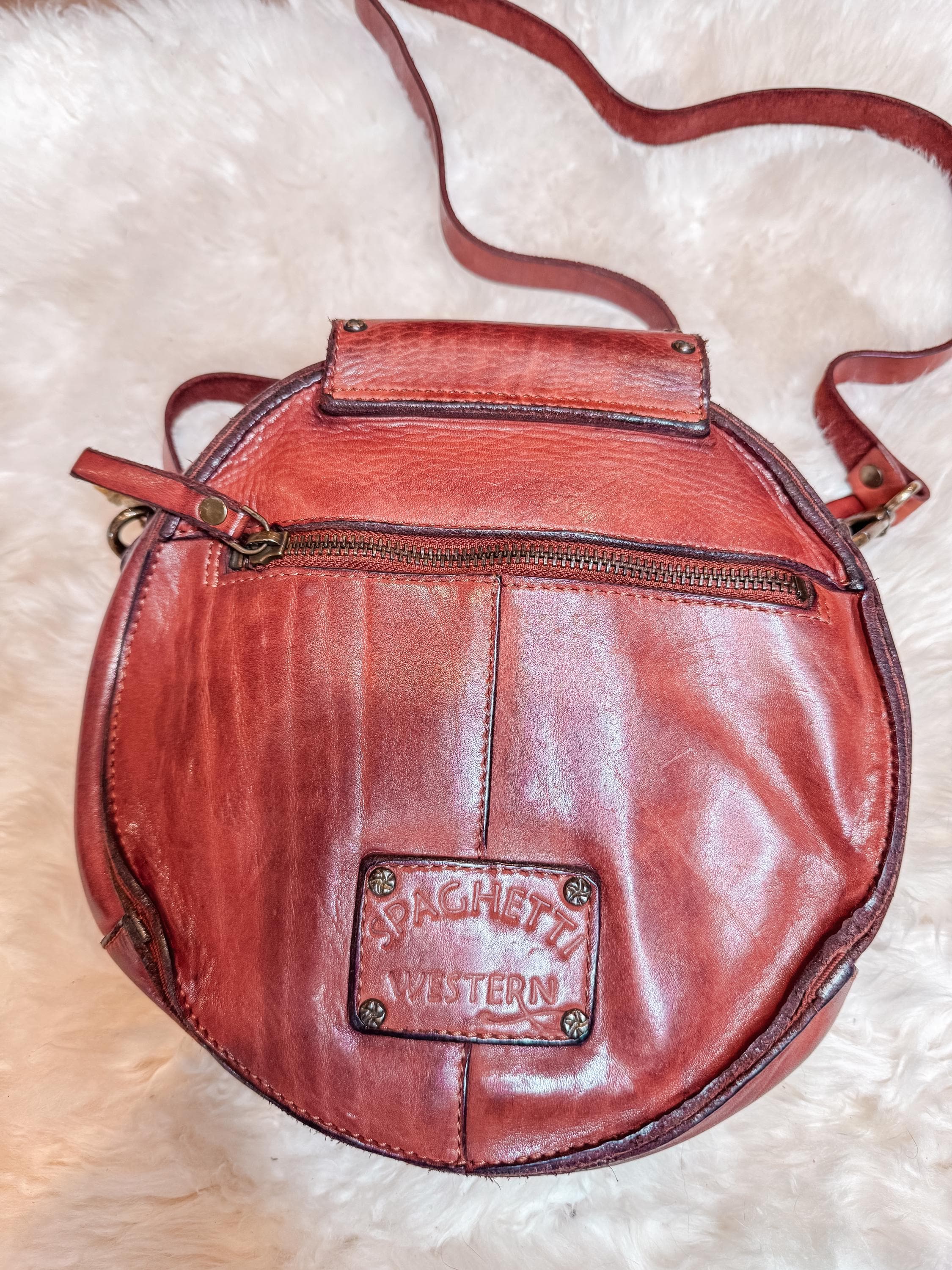 Soft Leather Trendy Round Canteen Purse, Studded Crossbody Purse, Shoulder Bag, Western Style, Personalized with Name Initials or Farm Brand
