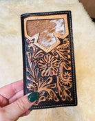 Tooled Leather & Cowhide Men's Women's Checkbook Style Wallet, Customizable with your Farm Brand, Logo Initials Western Wallet Gifts for Men