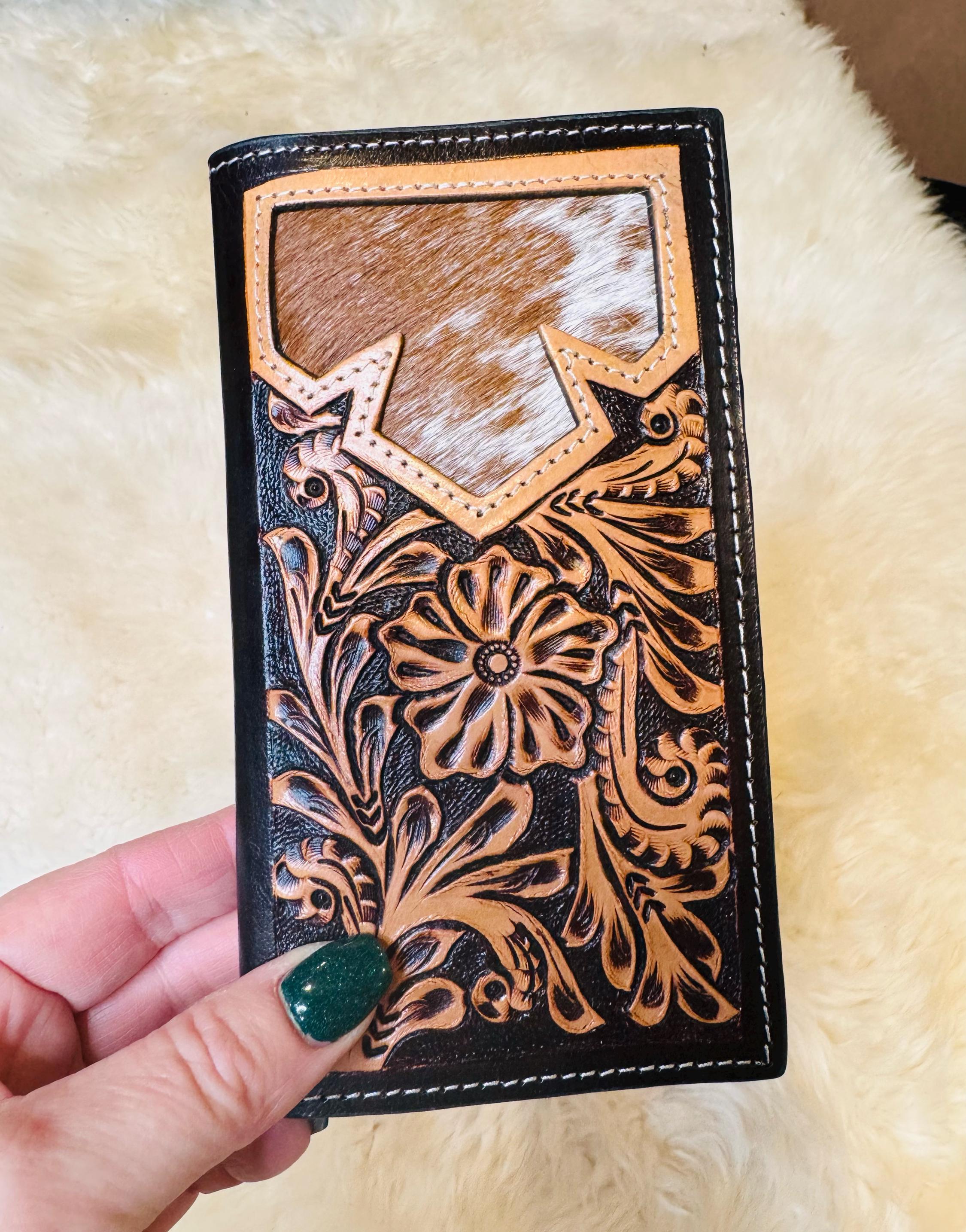 Tooled Leather & Cowhide Men's Women's Checkbook Style Wallet, Customizable with your Farm Brand, Logo Initials Western Wallet Gifts for Men