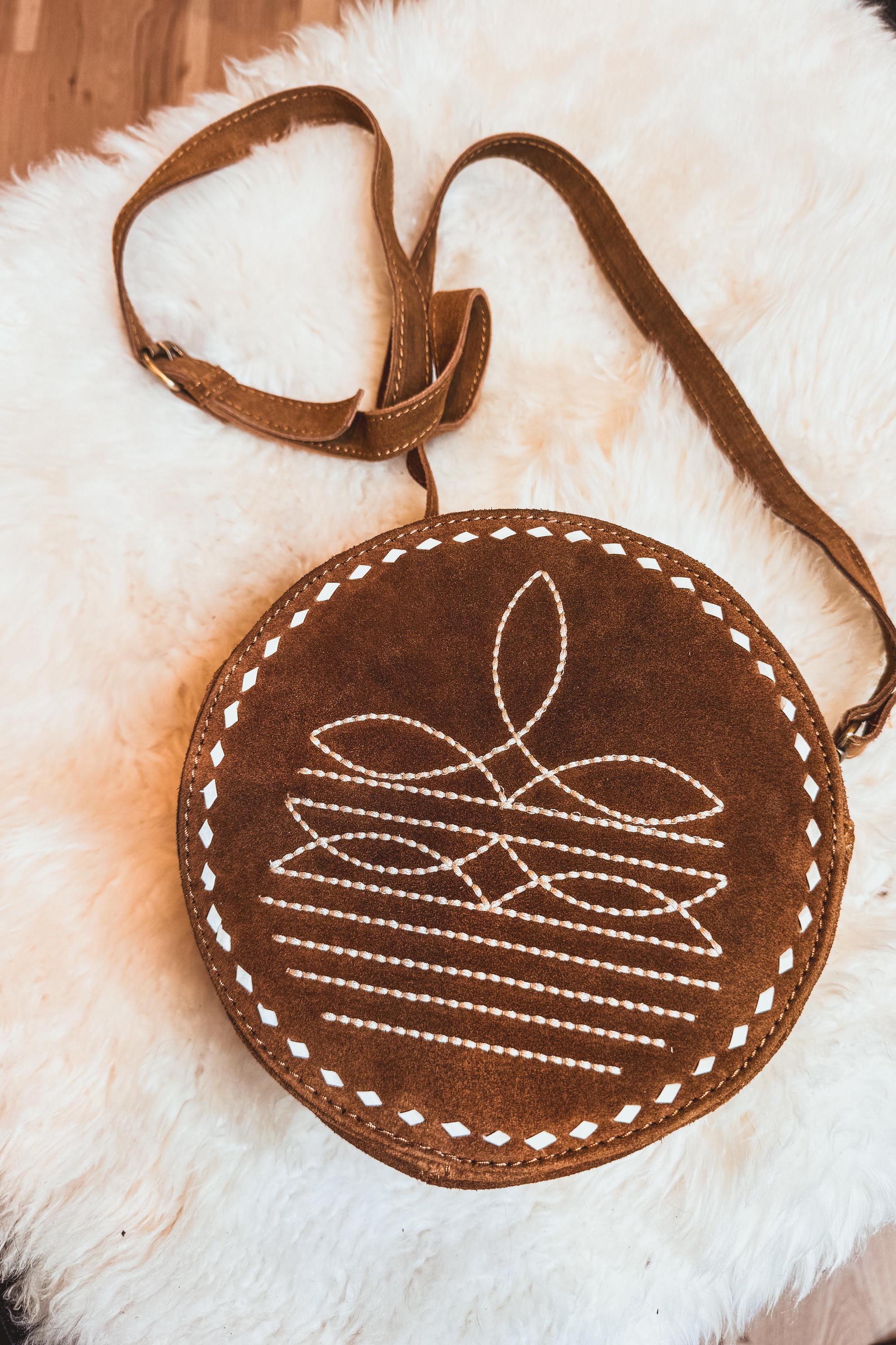 Brown Suede Boot Stitch Round Canteen Purse, Crossbody Purse, Shoulder Bag, Western Style, Personalized with Name Initials or Farm Brand