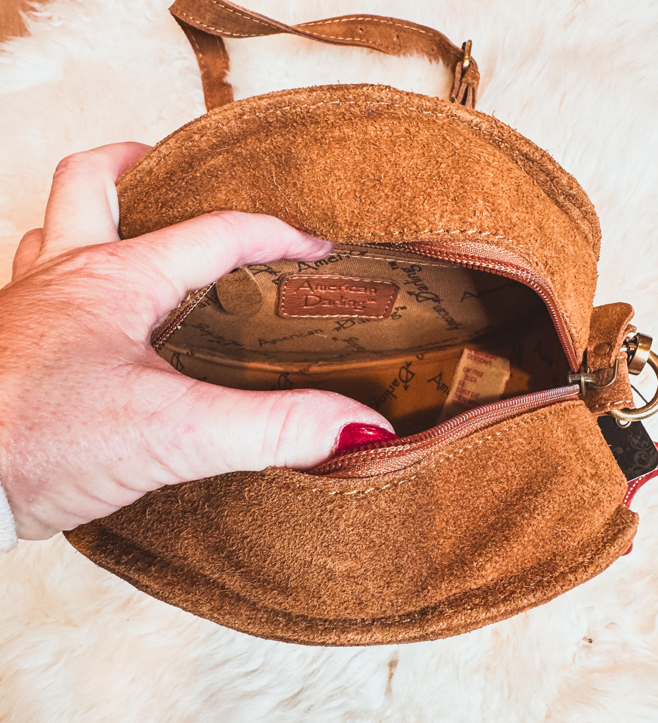 Brown Suede Boot Stitch Round Canteen Purse, Crossbody Purse, Shoulder Bag, Western Style, Personalized with Name Initials or Farm Brand