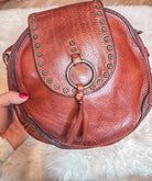 Soft Leather Trendy Round Canteen Purse, Studded Crossbody Purse, Shoulder Bag, Western Style, Personalized with Name Initials or Farm Brand