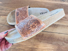 Sunflower Tooled Leather Slide sandals with cork sole Western sandals, Western Slides, Summer Shoes Western Accessories Cowgirl Shoes