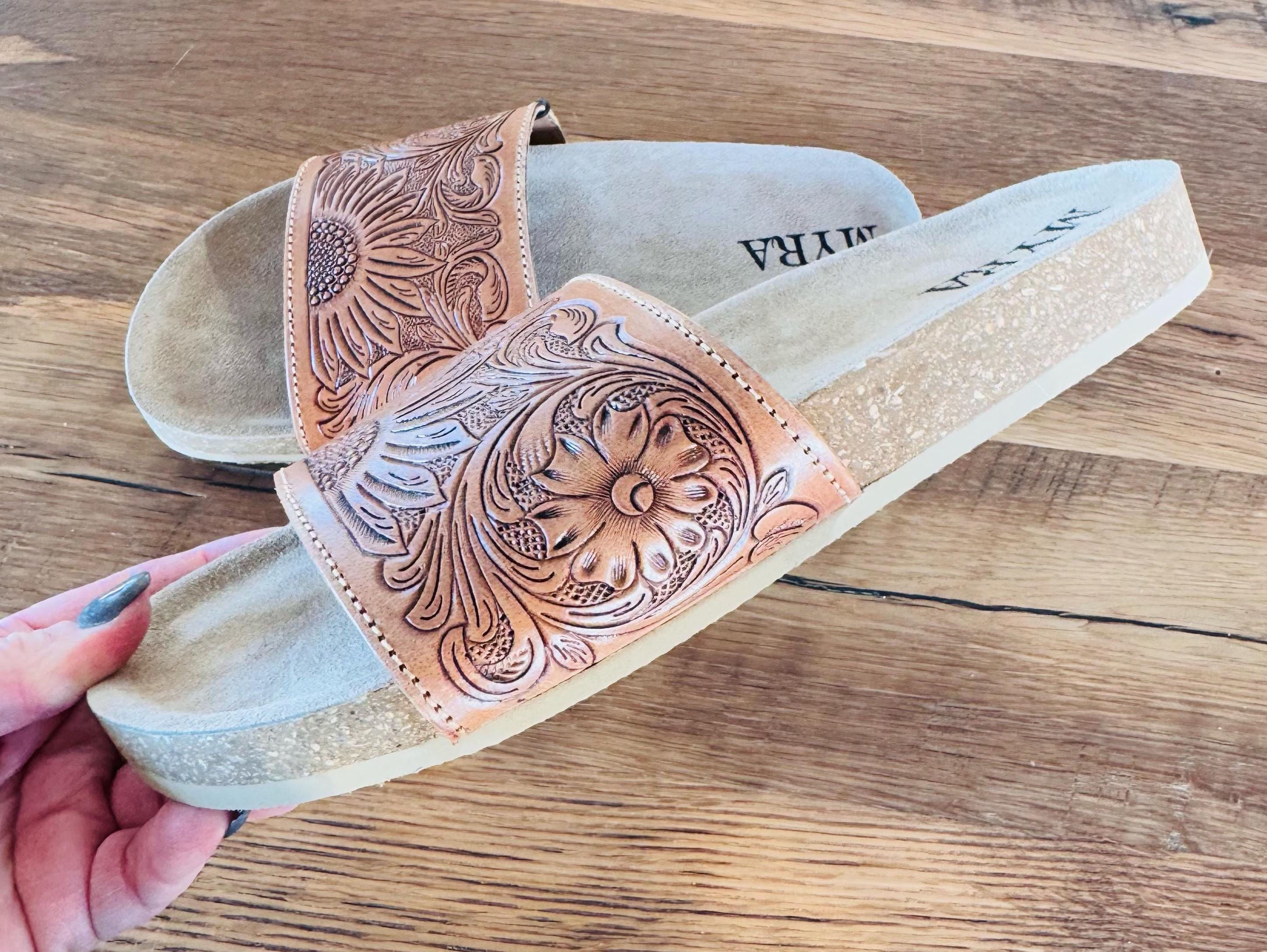 Sunflower Tooled Leather Slide sandals with cork sole Western sandals, Western Slides, Summer Shoes Western Accessories Cowgirl Shoes