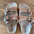 Tooled Leather 2 Strap Slide sandals with cork sole Western sandals, Western Slides, Summer Shoes Western Accessories Cowgirl Shoes