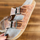 Tooled Leather 2 Strap Slide sandals with cork sole Western sandals, Western Slides, Summer Shoes Western Accessories Cowgirl Shoes