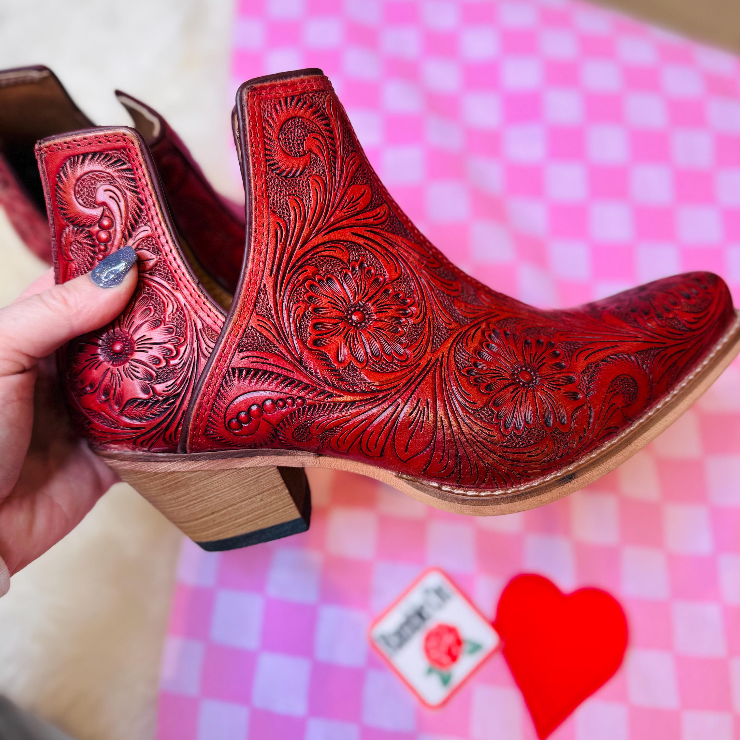 Gorgeous Hand Tooled Leather Bootie Ankle Boots in Red, Boots, Ankle Boot, Bootie, Slip On Shoe Cowgirl Boots Size 6 7 8 9 10 11