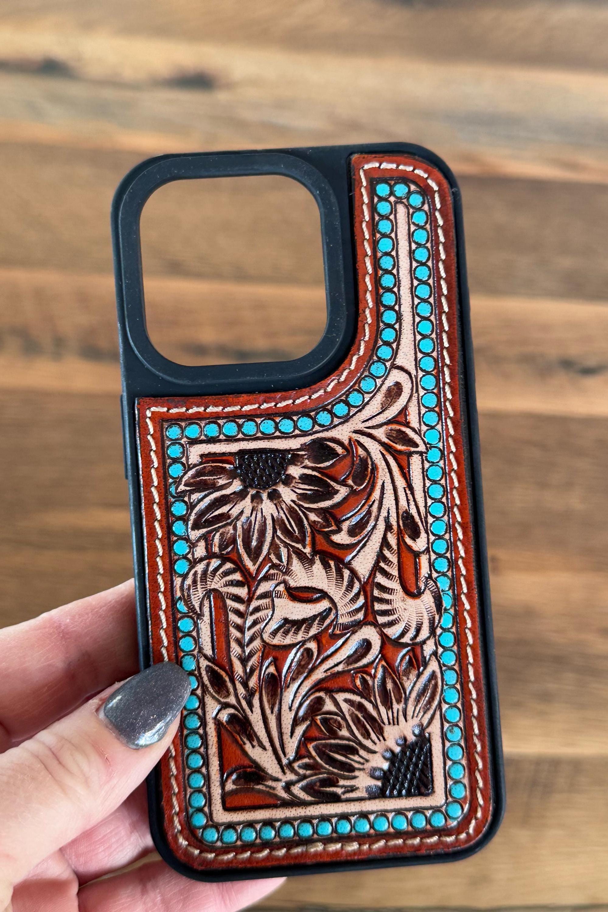 Sunflower & Turquoise Tooled Leather Western Phone Case, Phone Accessory, Phone cover for iPhone 15 Pro