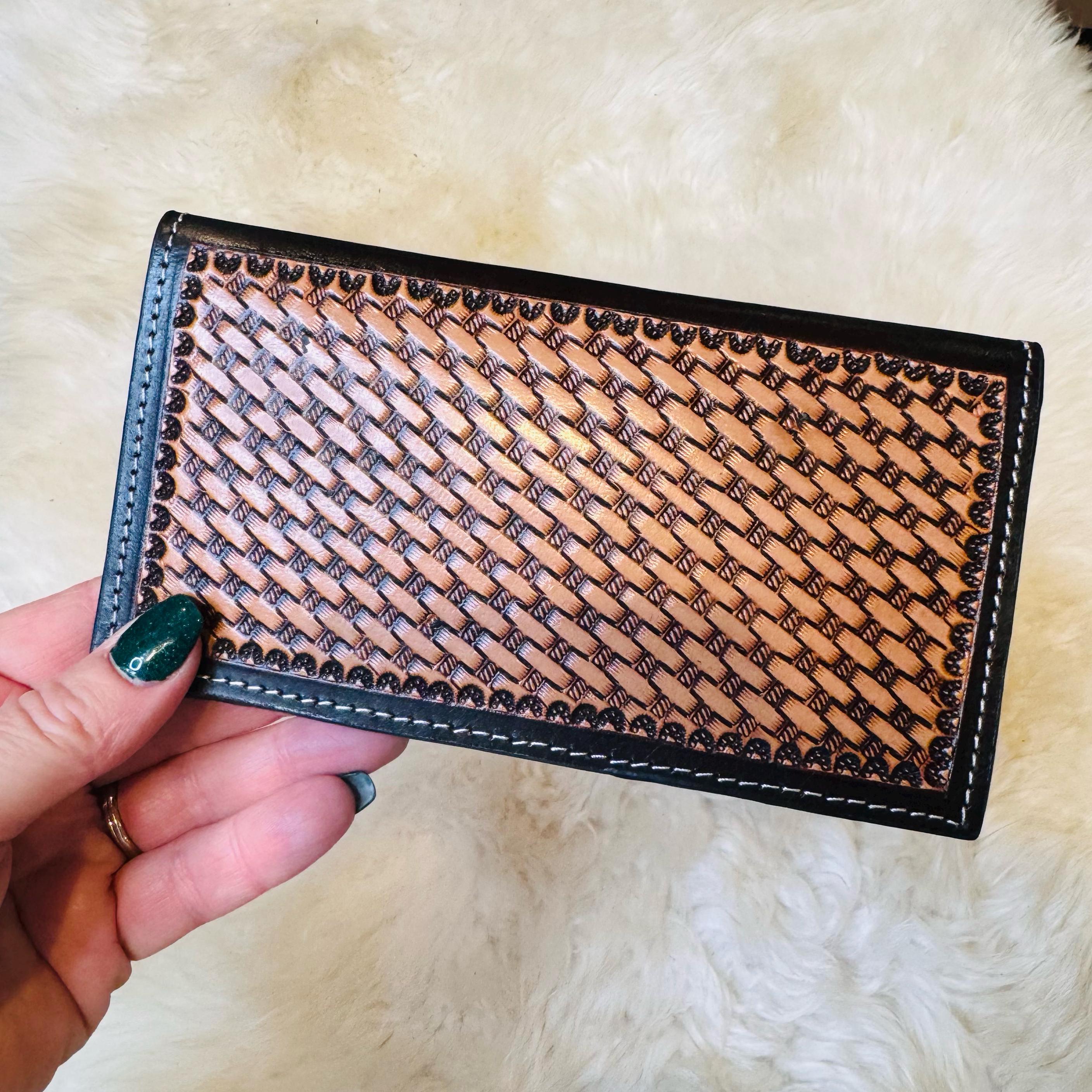 Tooled Leather & Cowhide Men's Women's Checkbook Style Wallet, Customizable with your Farm Brand, Logo Initials Western Wallet Gifts for Men