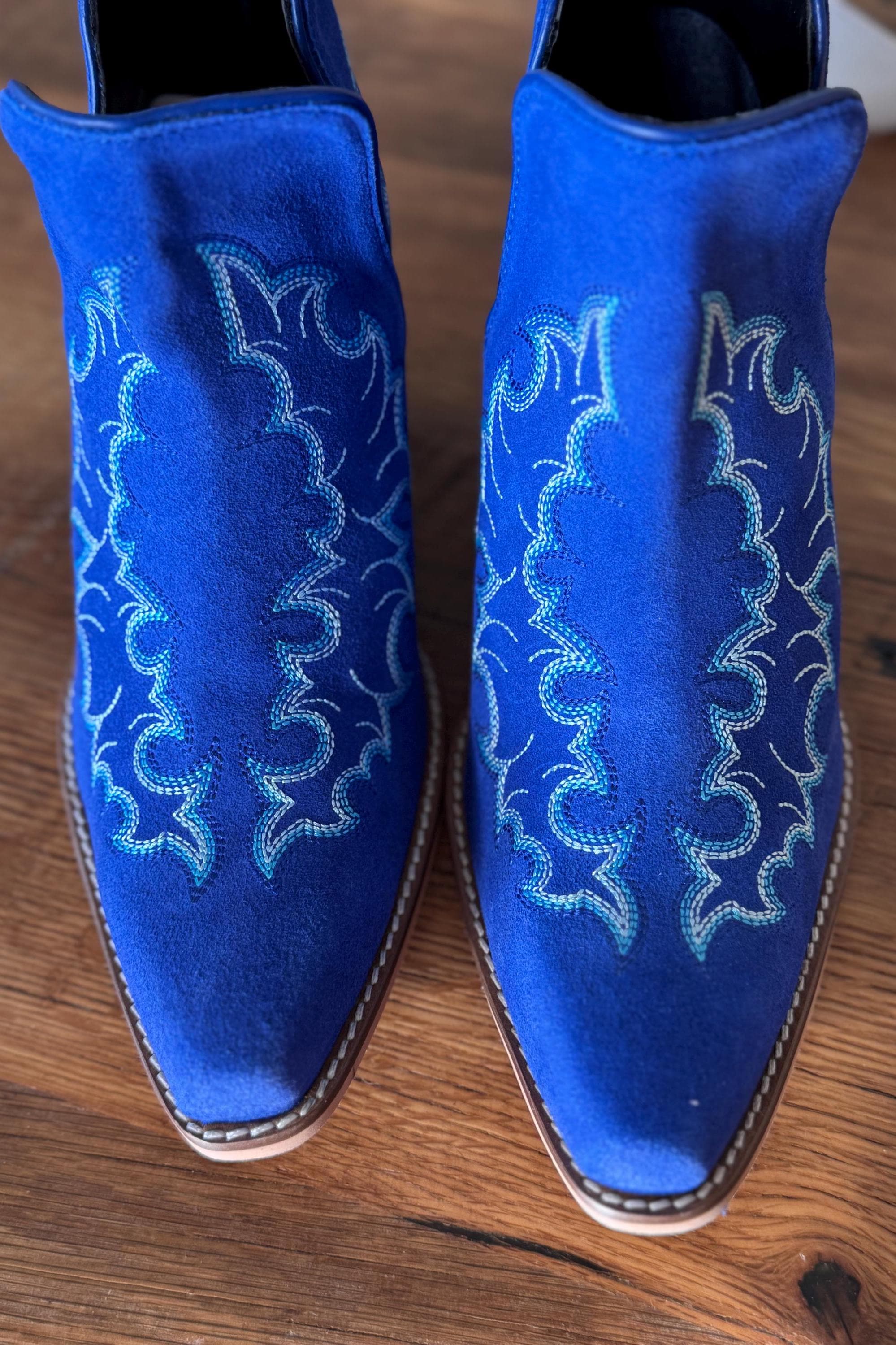 Genuine Suede Leather Bootie Ankle Boots in Royal Blue with Boot stitch Flame Design, Boots, Ankle Boot, Bootie, Slip On Shoe Cowgirl Boots