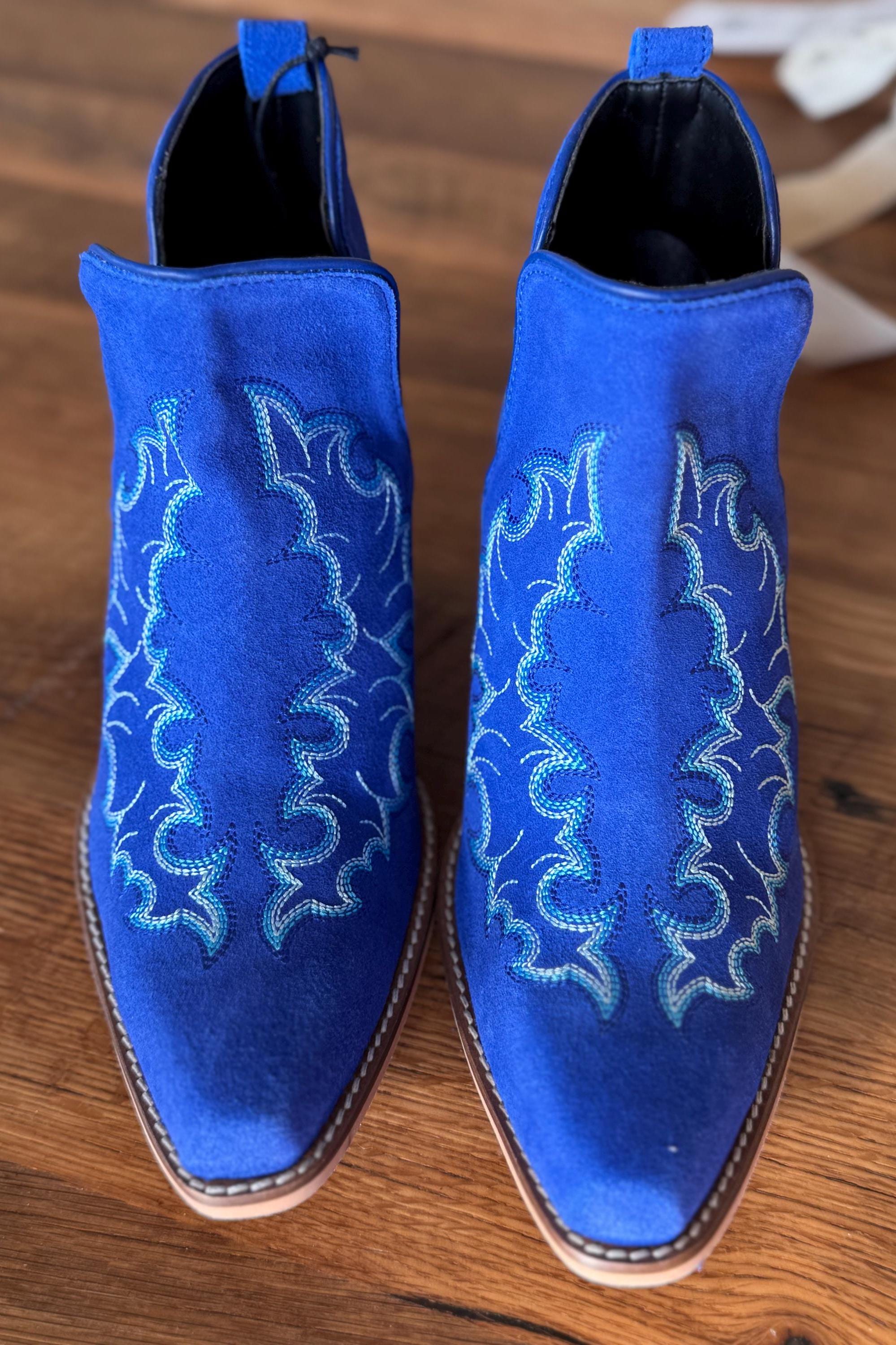 Genuine Suede Leather Bootie Ankle Boots in Royal Blue with Boot stitch Flame Design, Boots, Ankle Boot, Bootie, Slip On Shoe Cowgirl Boots