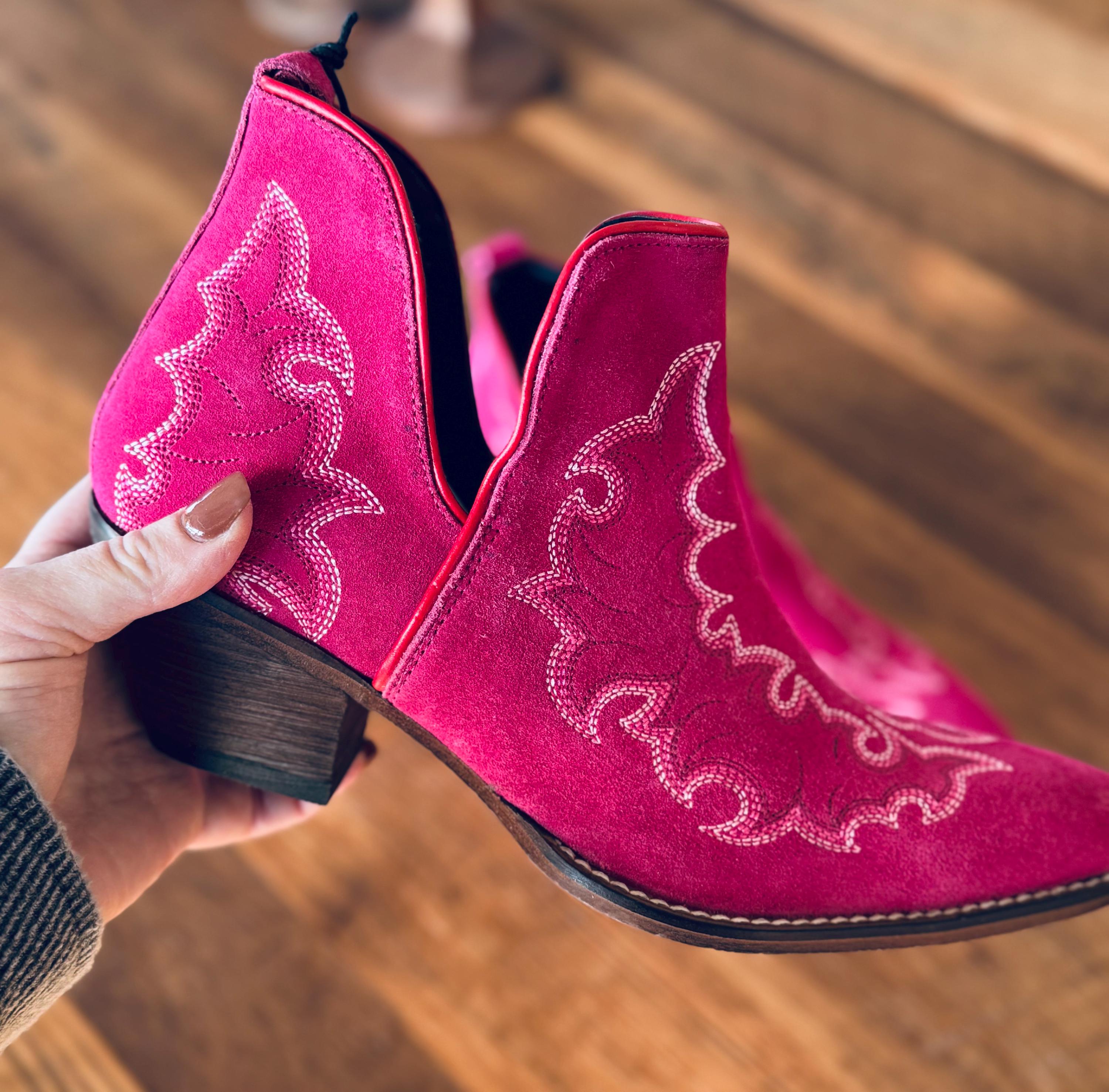 Genuine Suede Leather Bootie Ankle Boots in Hot Pink with Boot stitch Flame Design, Boots, Ankle Boot, Bootie, Slip On Shoe Cowgirl Boots