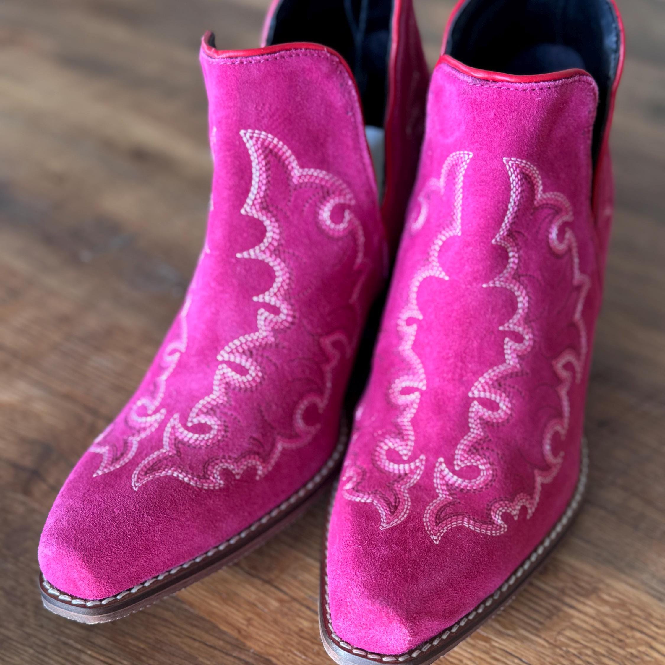 Genuine Suede Leather Bootie Ankle Boots in Hot Pink with Boot stitch Flame Design, Boots, Ankle Boot, Bootie, Slip On Shoe Cowgirl Boots