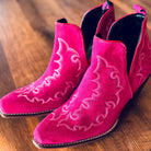 Genuine Suede Leather Bootie Ankle Boots in Hot Pink with Boot stitch Flame Design, Boots, Ankle Boot, Bootie, Slip On Shoe Cowgirl Boots