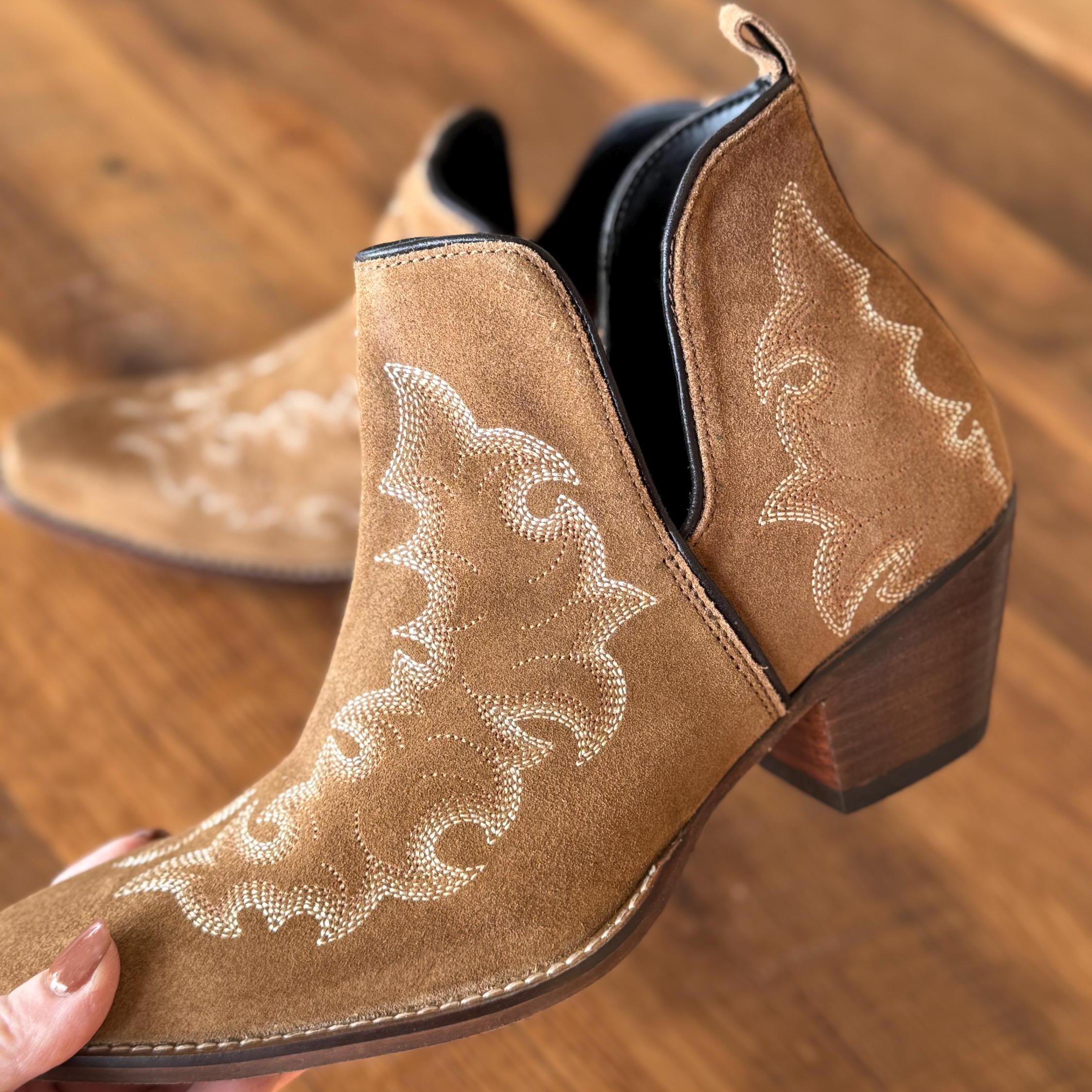 Genuine Suede Leather Bootie Ankle Boots in Tan Beige with Boot stitch Flame Design, Boots, Ankle Boot, Bootie, Slip On Shoe Cowgirl Boots