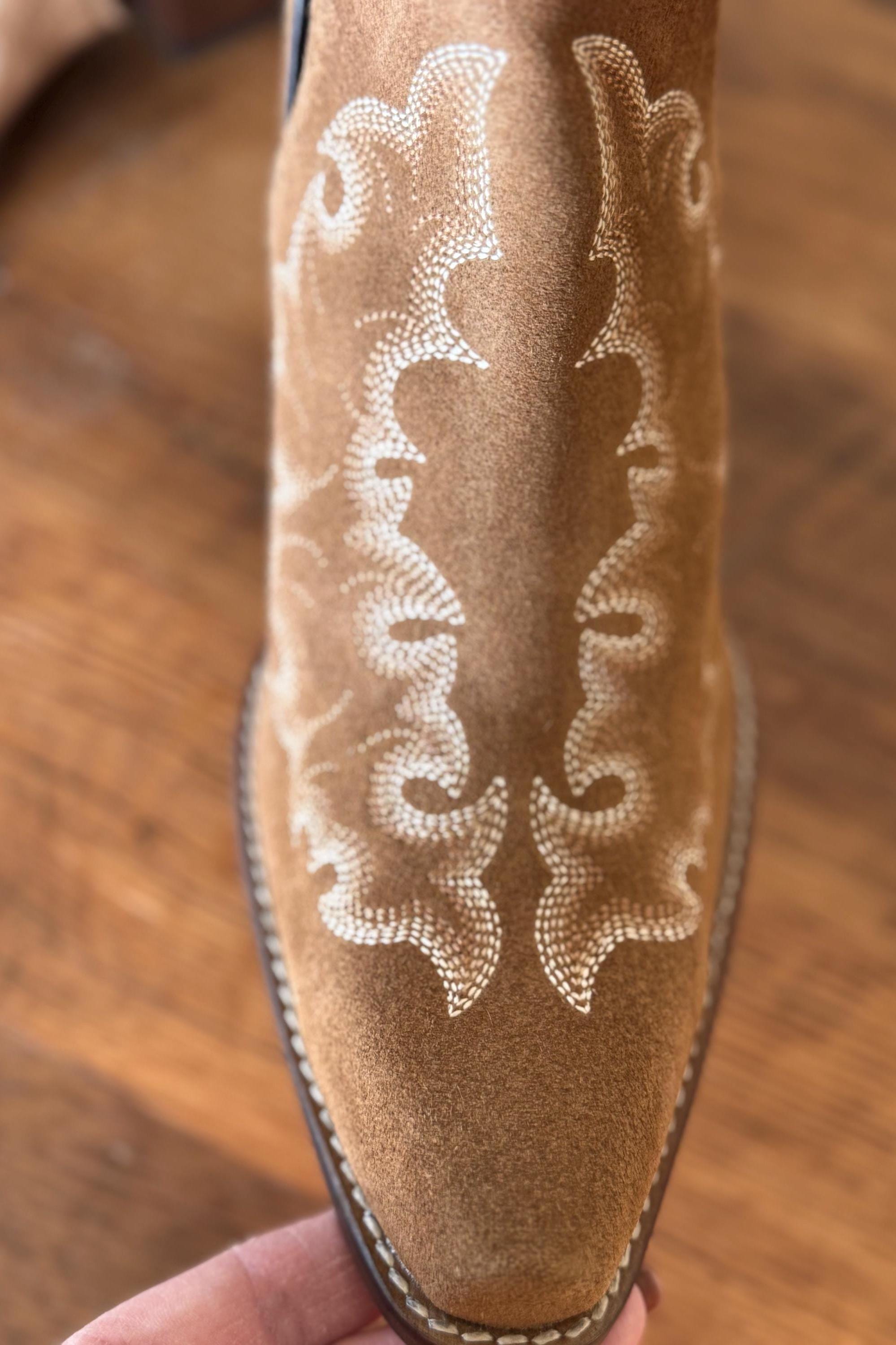 Genuine Suede Leather Bootie Ankle Boots in Tan Beige with Boot stitch Flame Design, Boots, Ankle Boot, Bootie, Slip On Shoe Cowgirl Boots