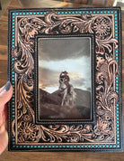 Black & Turquoise Tooled Leather Photo Frame Western Cowgirl Cowboy Wedding Valentine Graduation Bridal Shower Baby Mothers Fathers Day Gift