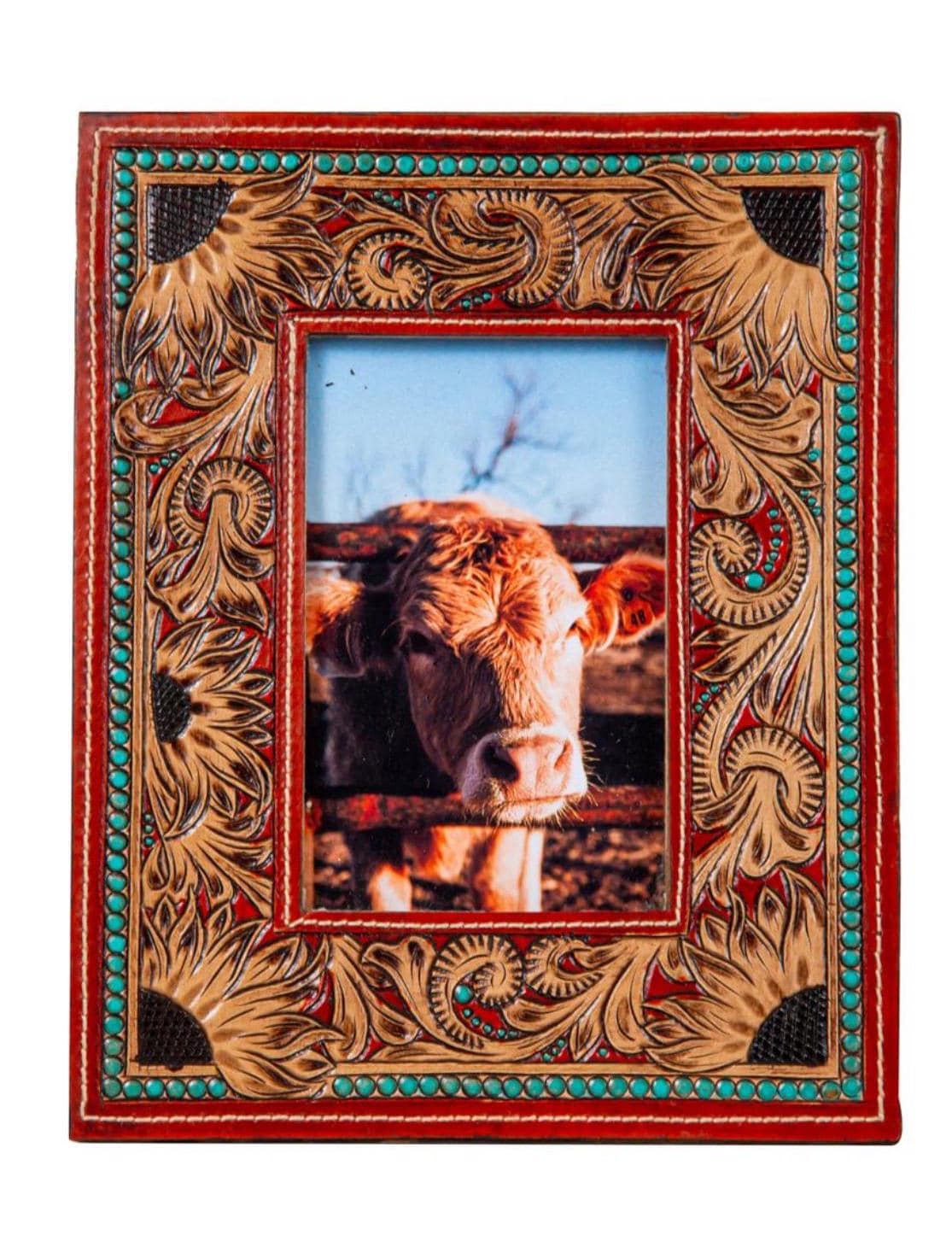 Sunflower Tooled Leather Photo Frame Western Cowgirl Cowboy Wedding Valentine Graduation Bridal Shower Baby Mothers Fathers Day Gift