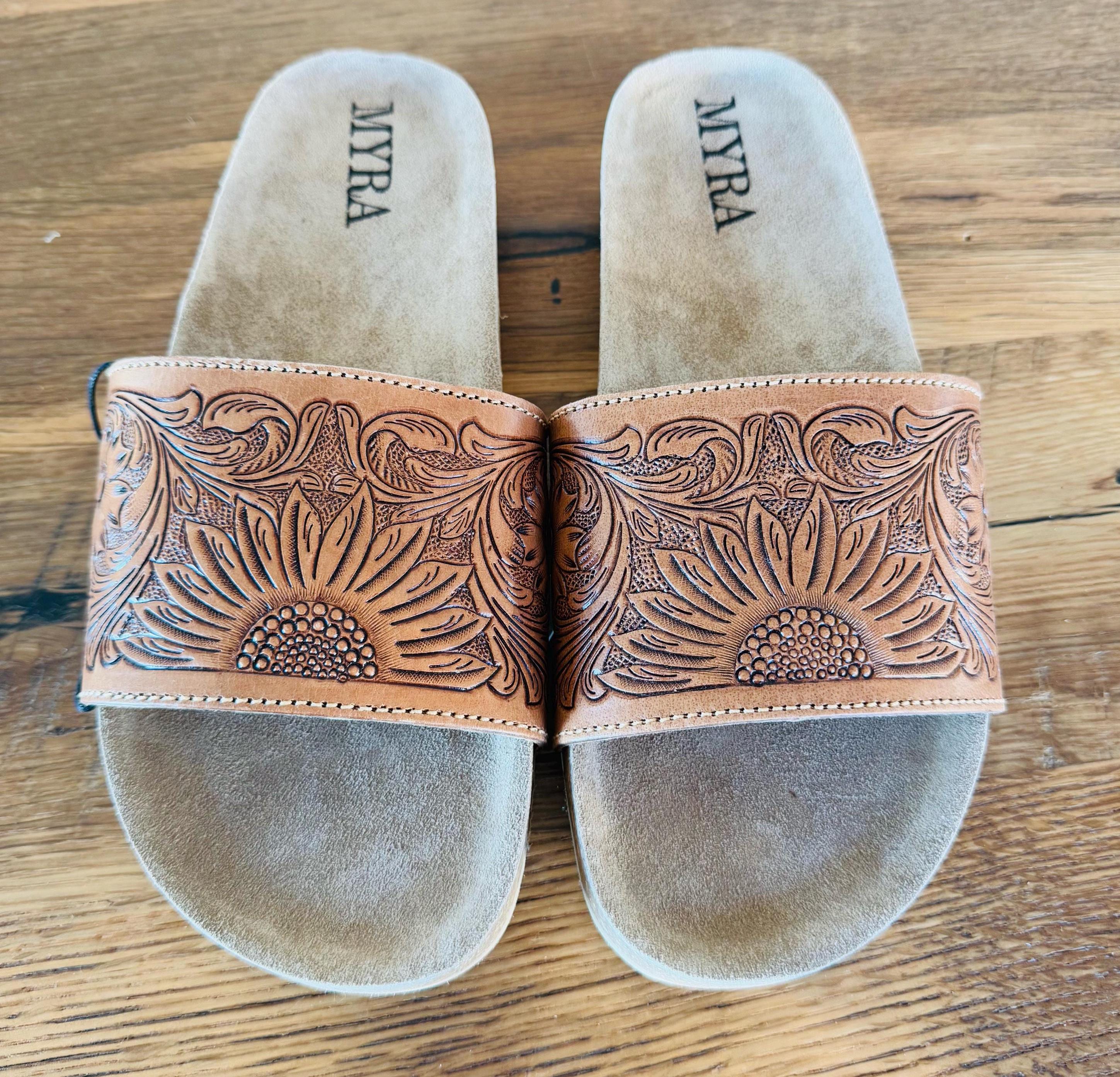 Sunflower Tooled Leather Slide sandals with cork sole Western sandals, Western Slides, Summer Shoes Western Accessories Cowgirl Shoes