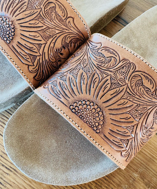 Sunflower Tooled Leather Slide sandals with cork sole Western sandals, Western Slides, Summer Shoes Western Accessories Cowgirl Shoes