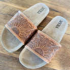 Sunflower Tooled Leather Slide sandals with cork sole Western sandals, Western Slides, Summer Shoes Western Accessories Cowgirl Shoes