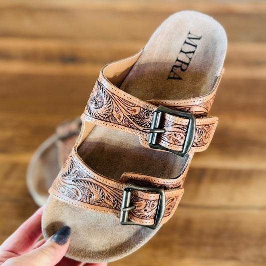 Tooled Leather 2 Strap Slide sandals with cork sole Western sandals, Western Slides, Summer Shoes Western Accessories Cowgirl Shoes