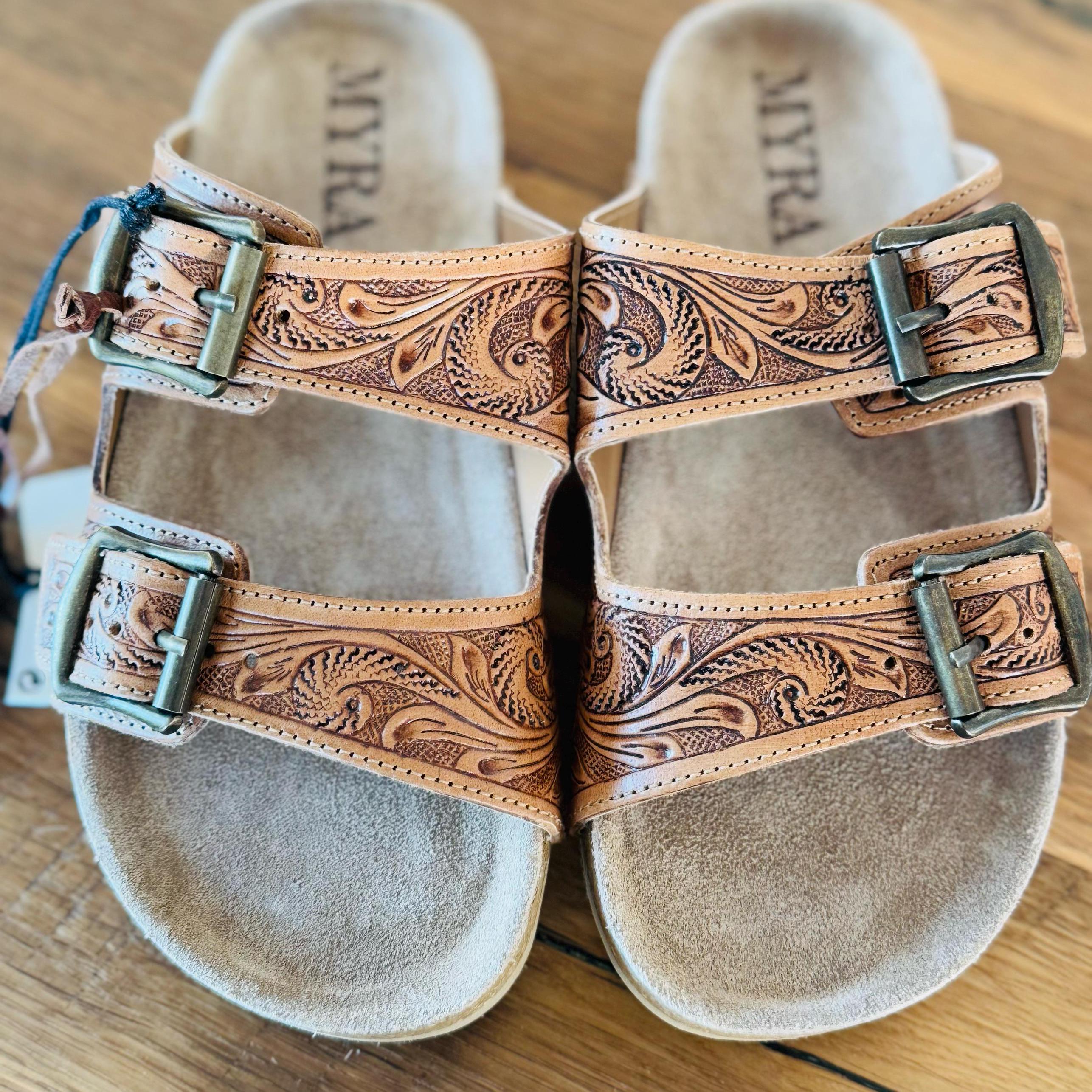 Tooled Leather 2 Strap Slide sandals with cork sole Western sandals, Western Slides, Summer Shoes Western Accessories Cowgirl Shoes