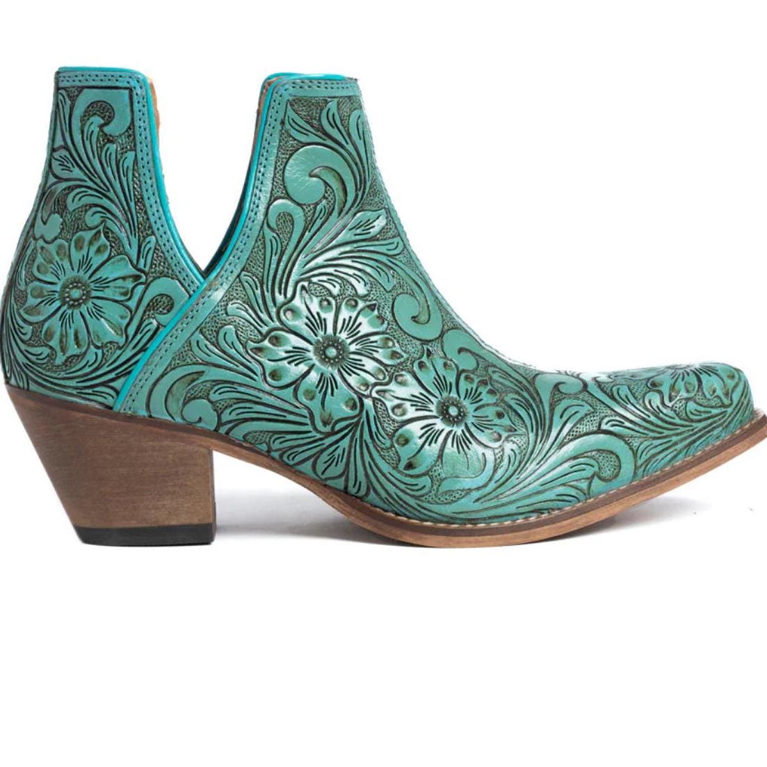 Western Tooled Leather Bootie Ankle Boots Turquoise Cowgirl Boots Tooled leather Bootie Boot Wedding Boot Bridal Boot
