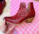 Gorgeous Hand Tooled Leather Bootie Ankle Boots in Red, Boots, Ankle Boot, Bootie, Slip On Shoe Cowgirl Boots Size 6 7 8 9 10 11