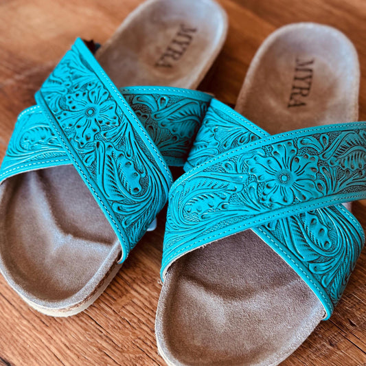 Tooled Leather 2 Strap cross over Slide sandals with cork sole Western sandals, Western Slides, Summer Shoes Western Accessories Cowgirl