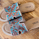 Tooled Leather, Turquoise & Brown, Slide sandals, Western sandals, Western Slides, Summer Shoes, Western Accessories, Cowgirl Sandal, Flats