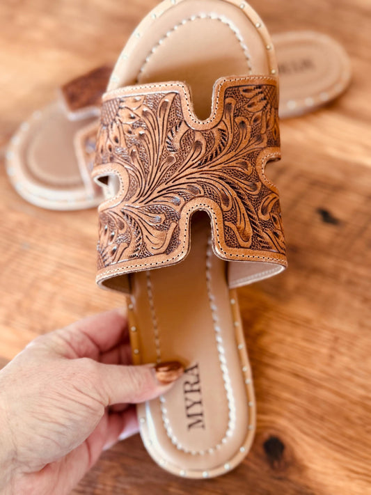 Tooled Leather, Brown Floral, Slide sandals, Western sandals, Western Slides, Summer Shoes, Western Accessories, Cowgirl Sandal, Flats