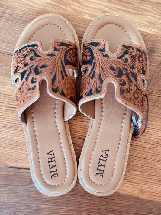 Tooled Leather, Brown Floral, Slide sandals, Western sandals, Western Slides, Summer Shoes, Western Accessories, Cowgirl Sandal, Flats