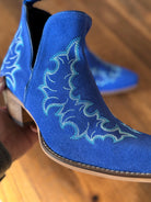 Genuine Suede Leather Bootie Ankle Boots in Royal Blue with Boot stitch Flame Design, Boots, Ankle Boot, Bootie, Slip On Shoe Cowgirl Boots