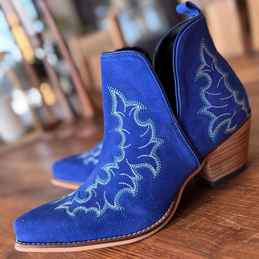 Genuine Suede Leather Bootie Ankle Boots in Royal Blue with Boot stitch Flame Design, Boots, Ankle Boot, Bootie, Slip On Shoe Cowgirl Boots