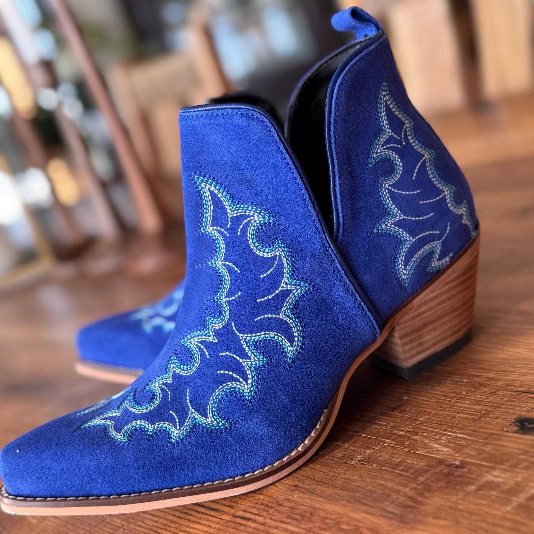 Genuine Suede Leather Bootie Ankle Boots in Royal Blue with Boot stitch Flame Design, Boots, Ankle Boot, Bootie, Slip On Shoe Cowgirl Boots